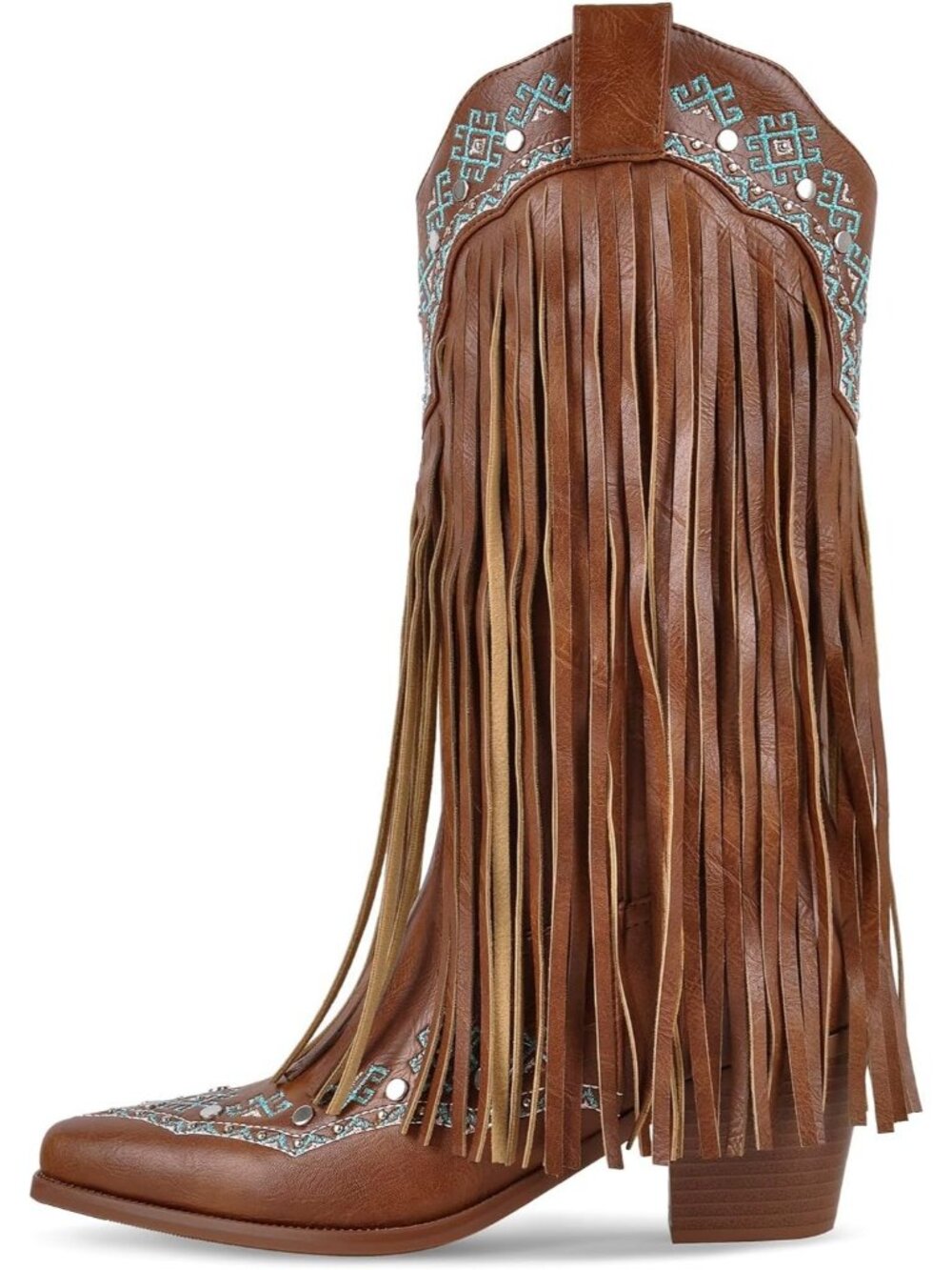 Women's Brown Fringe Mid Calf Boots with Rivets Embroidered